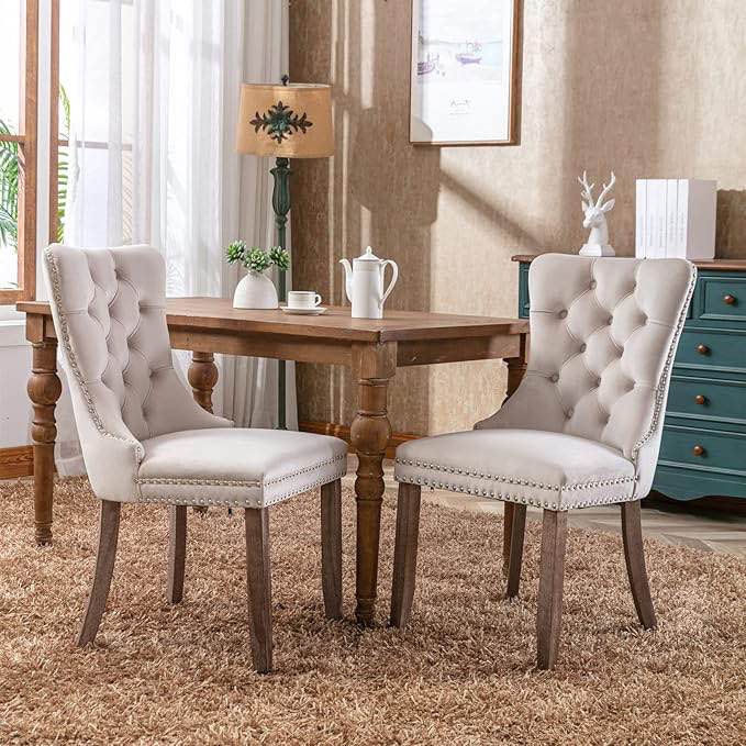 Dining Chairs Set of 2, High-end Tufted Dining Room Chairs with Nailhead Back Ring Pull Trim, Modern Velvet Kitchen & Dining Room Chairs Upholstered Dining Chairs with Solid Wood Legs, Beige