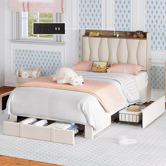 Upholstered Bed Frame with 3 Drawers, Bed With Storage