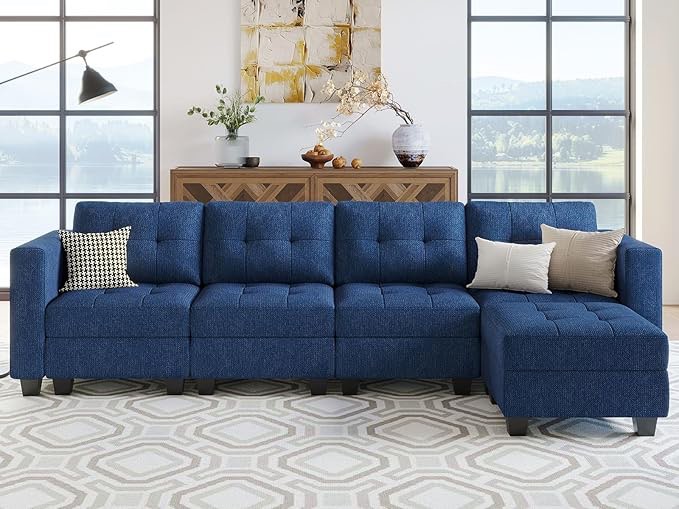 Blue Linen Upholstered Sectional with Hinged Flip Up Backrest Top (similar to stock photo)(incomplete,1 box only)
