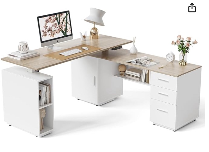 63" L Shaped Executive Standing Desk with File Cabinet (incomplete 1 box only)