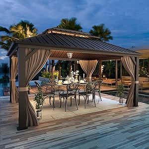EROMMY 10'x13' Hardtop Gazebo, Galvanized Steel Outdoor Aluminum Canopy with Netting and Shaded Curtains, Double Roof Pergolas, Permanent Metal Pavilion for Patio, Backyard, Deck and Lawns, Brown (2 boxes complete set)