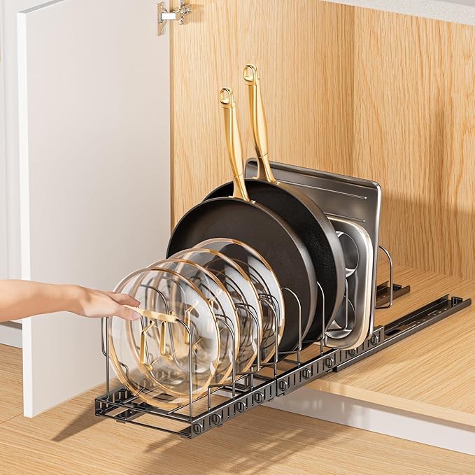 Pots and Pans Organizer for under Cabinet, Pull out Pan Organizers inside Cabinet for Kitchen Cabinet Organizers and Storage with Adjustable Dividers and Handled Divider (rack only)