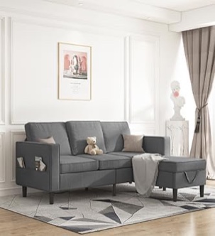 Mjkone Convertible Sectional Sofa Couch with Storage Ottoman, 3-Seat L-Shaped Sofa with Side Pocket, Wooden Couch Legs Modern Linen Fabric Reversible Chaise for Living Room, Apartment- Dark Grey (incomplete 1 box only consisting of arms)