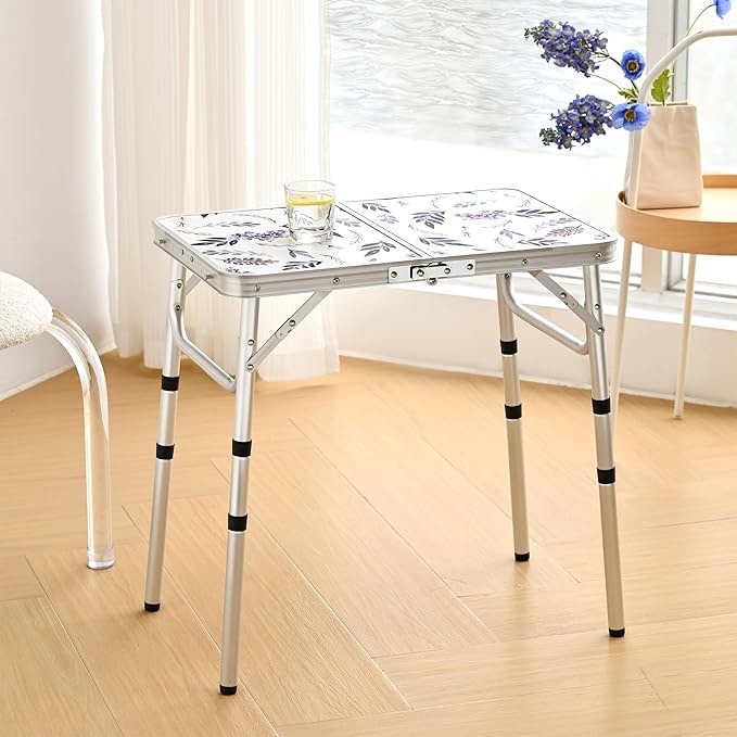folding camping table 2ft portable pinic table adjustable height small card table aluminum foldable lightweight with carry handle for outdoor indoor hiking camp bbq beach (misty lilac