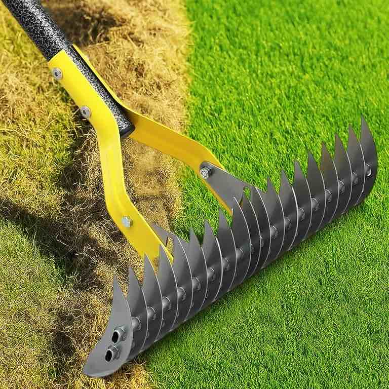 (similar)LCOKEIY Efficient Thatch Rake  Double-Sided Tines with  Metal Handle, Heavy Duty Leaf Rake for Lawn Yard Loosening Soil Cleaning Dead Grass