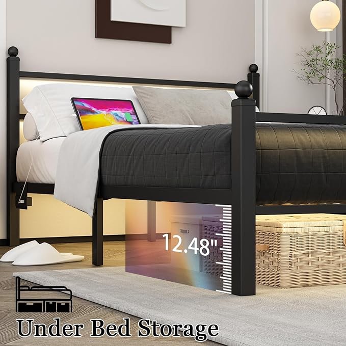 Full Size Bed Frame with Charging Station & LED Lights, Metal Platform Bed Frame with Headboard and Footboard, Storage Space Under Bed, No Box Spring Needed, Noise Free, Easy Assembly, Black