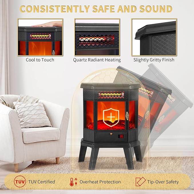 Electric Fireplace Heater 22 in Freestanding Fireplace Stove Infrared Fireplace RealSmart with 3D Flame Effect Remote Control, Timer, Overheating Protection Heater for Indoor Use Black