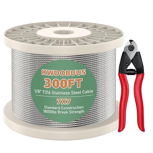 1200FT 1/8" T316 Stainless Steel Cable, Wire Rope Aircraft Cable for Deck Cable Railing Kit, 7 x 7 Strands Construction,DIY Balustrades, Come with a Cutter