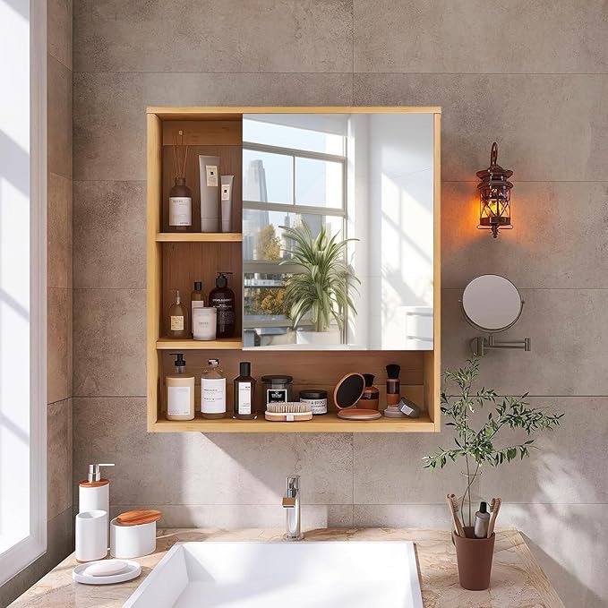 Bathroom Cabinet with Mirror: 24x21.8 Inch Wall Surface Bamboo Bathroom Cabinet with Right Door - Mirrored Storage Cabinet with 5 Wood Shelves