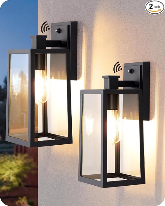 EDISHINE Dusk to Dawn Outdoor Wall Lights, Set of 2 Exterior Light Fixture, Modern Porch Light Wall Mount Sconce, Clear Glass, Black Outside Wall Lantern for Front Door, Garage, Patio, Yard