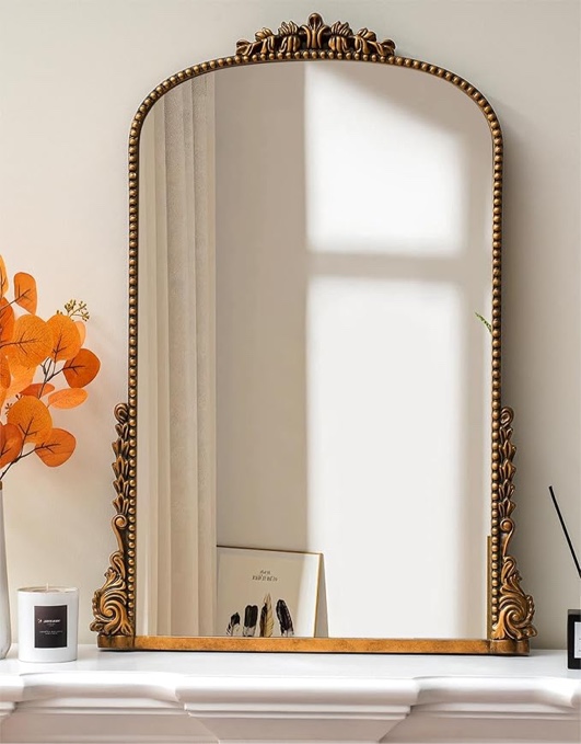 SHYFOY Antique Mirrors for Wall Decor 39'' x 28'' Large Vintage Wall Mirror Decorative Baroque Arch Mirrors for Living Room Entryway Powder Room, Antique-Gold
