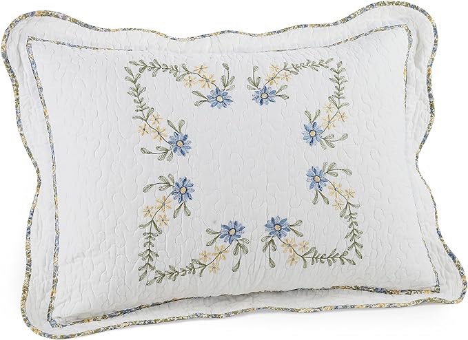 MODERN HEIRLOOM Heather Embroidered Single Pillow Sham - Lightweight Breathable All Seasons Bedding, King Sham, Blue/White