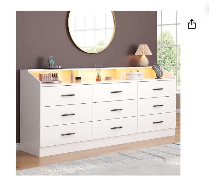9 Drawers Dresser, Dresser for Bedroom with Power Outlet, Modern Chest of Drawers with LED Light, Storage Dresser with Open Storage Cubby, Dresser Organizer for Closet, Entryway, Living Room, White