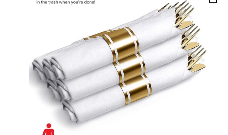 Pre Rolled Plastic Silverware Sets for Parties (60 Pack) Gold Cutlery Set, Disposable Spoons, Forks, Knives, Napkins Prewrapped, Heavy Duty Utensils Individually Wrapped for Wedding, Thanksgiving