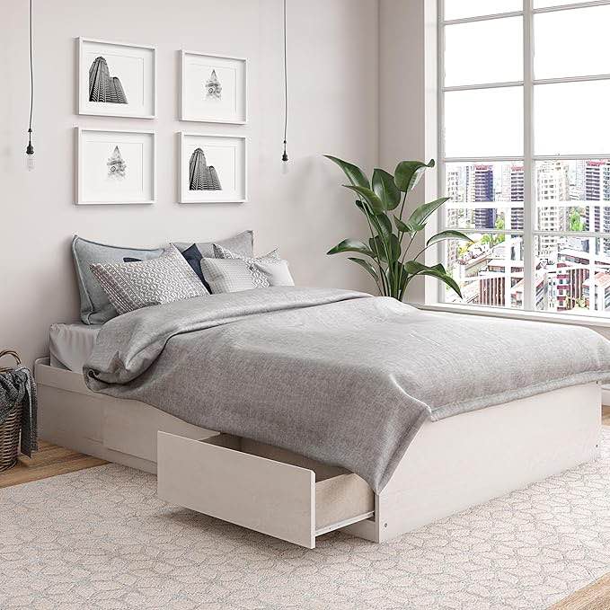 Ameriwood Home Full Platform Bed with Drawers, Ivory Oak
