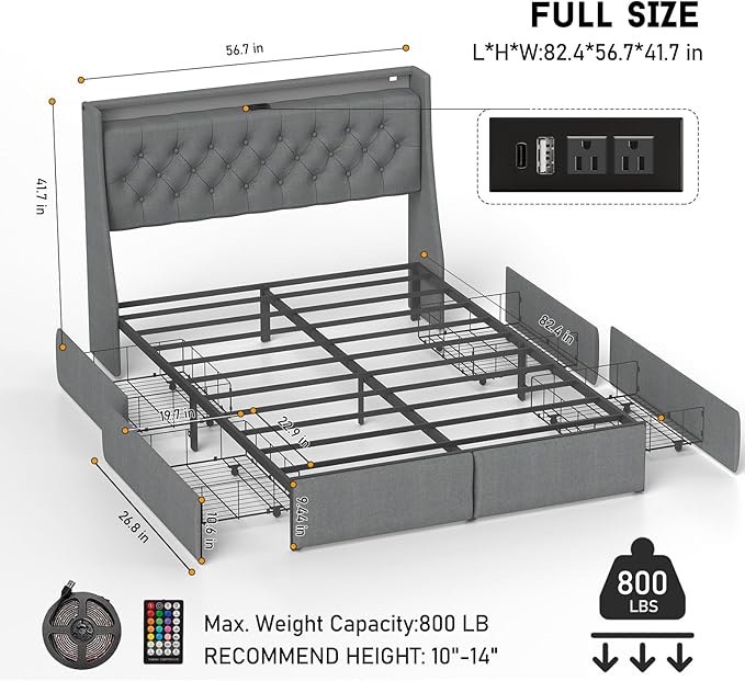 Full Size Bed Frame with 4 Storage Drawers and Luxury Wingback Upholstered Button Tufted Storage Headboard,Charging Station and LED Lights,Remote Control/Noise-Free