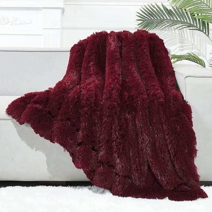 GONAAP Fuzzy Faux Fur Throw Blanket Twin Size Wine Red Super Soft Cozy Plush Fuzzy Shaggy Blanket for Couch Sofa Bed (Wine Red, Twin(60"x80")) Wine Red Twin(60"x80")