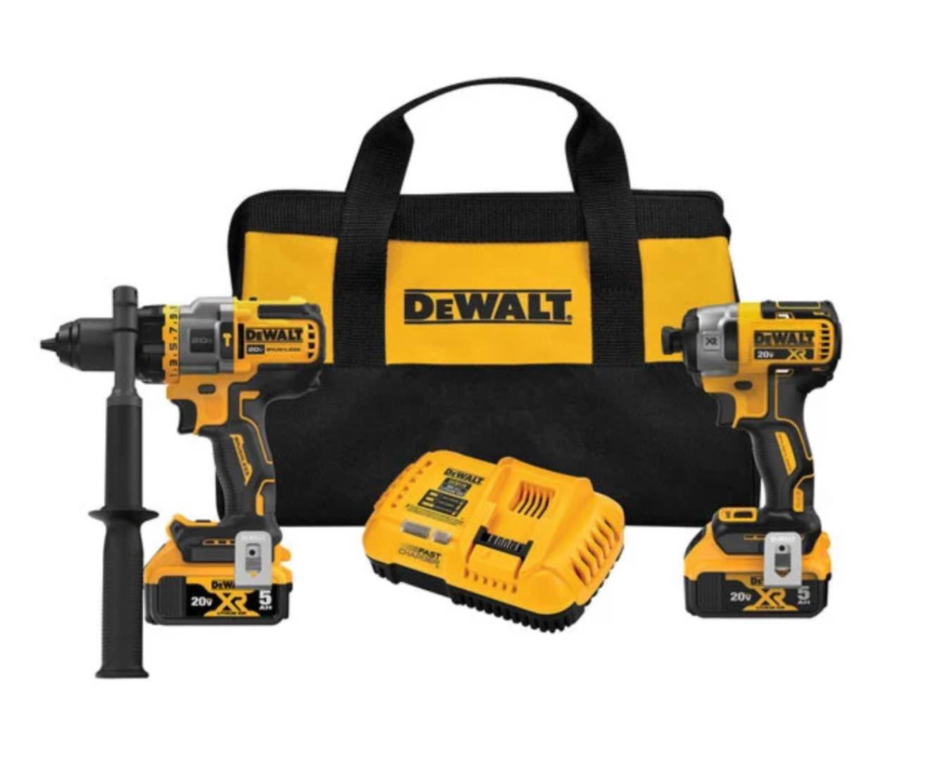 DeWalt 20V MAX Variable Speed Cordless Brushless Hammer Drill Driver and Impact Driver Kit with 2 Rechargeable 5.0 Ah Lithium-Ion Batteries, 2 Charger, and 1 Storage Bag DCK2100P2