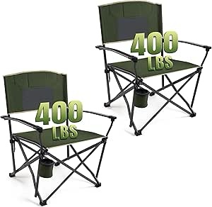 Folding Camping Chairs 2 Pack, Heavy Duty Camping Chairs for Adults Steel Frame Support 400 lbs, Metal Arm Lawn Chairs with Swivel Cup Holder, Hollow Backrest Camp Chair, Outdoor Sports Chairs, Green