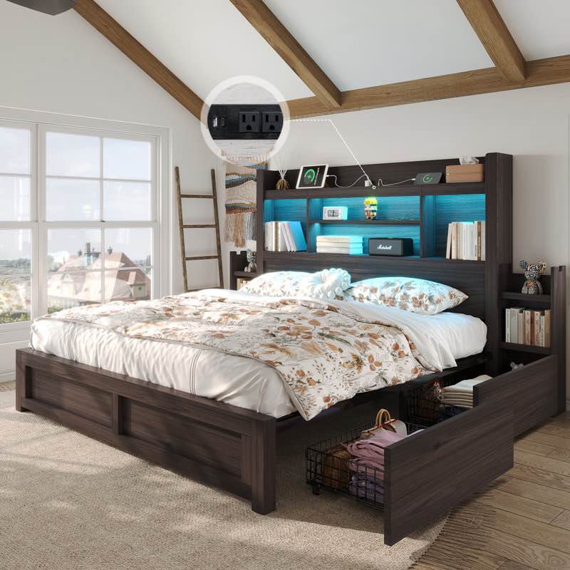 Bed Frame With Bookcase Headboard & 2 Detachable Bedside Stoage Racks & 4 Drawers, Farmhouse Wood Bed Frame With Rgb Led, No Box Spring Needed