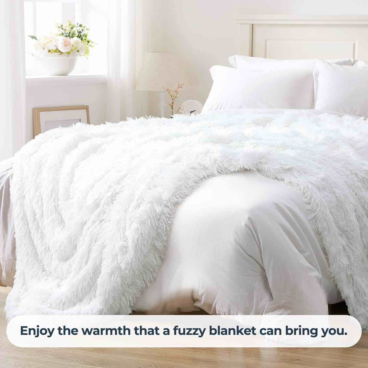 XYYZYZ Bed Blanket Queen Size, Super Fluffy Fuzzy Blanket for Couch Sofa, 80x90 Inches, Pure White(3 pcs)
