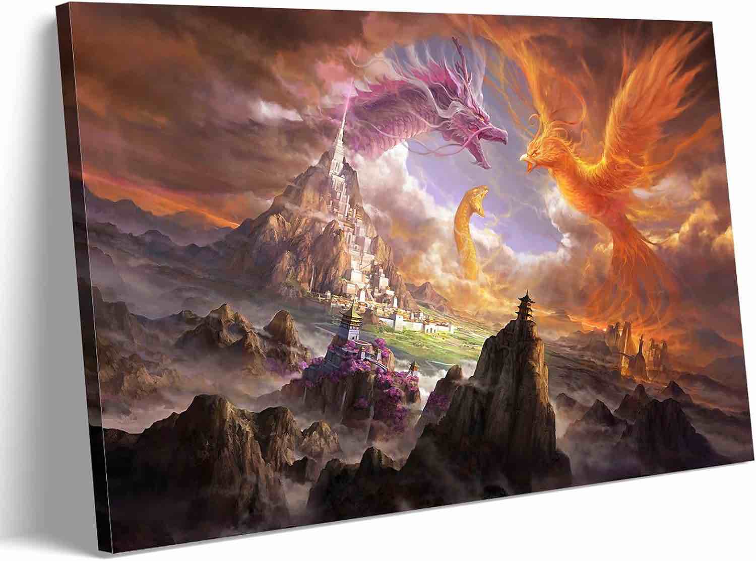3 Piece Canvas Wall Art Dragon Wall Decor Fantasy Wild Animals Pictures Framed Wall Art Modern Wall Artwork Hanging Decor Dragon Posters Prints Decorations for Bedroom, 36x24 Inches