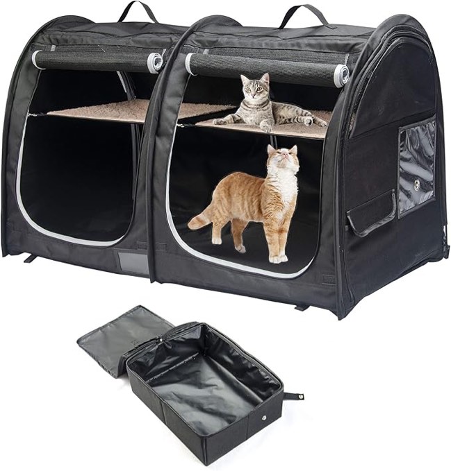 Porayhut Twin Compartment Foldable Cat Cage, Portable, Easy to Carry, with Hammocks, Mats, and Litter Box Black