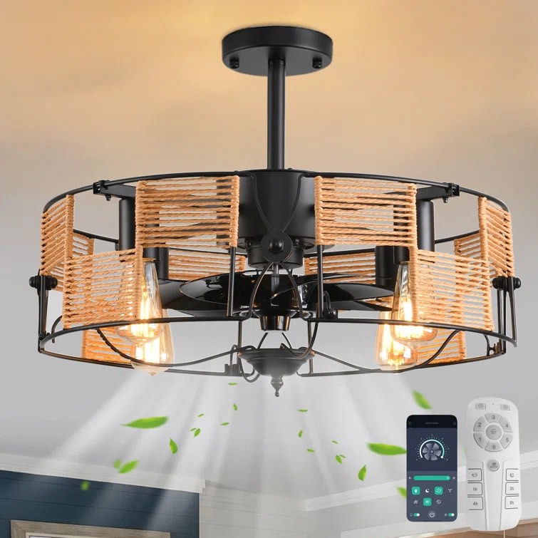 Gejza 19.29" Black Farmhouse Caged Chandelier Ceiling Fan with Light Kit and Remote
