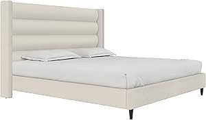  ( incomplete box 2 of 2 )) Louis Upholstered Bed Frame With High Tufted Headboard, King, Textured Ivory Canvas 