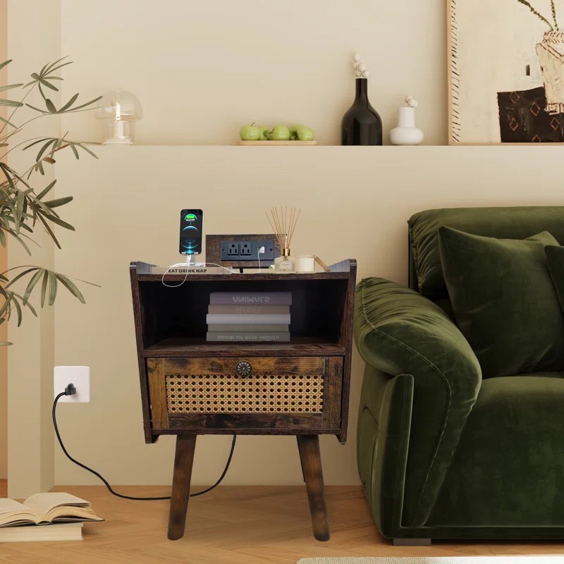 Anesca Rattan Nightstand With USB Port & Power Outlet