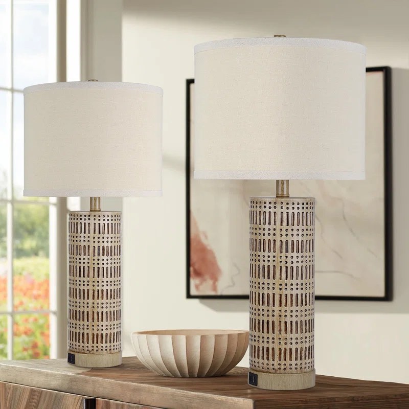 Morpheus 27‘’ Rustic Brown Textured, USB Table Lamps with LED Bulbs 