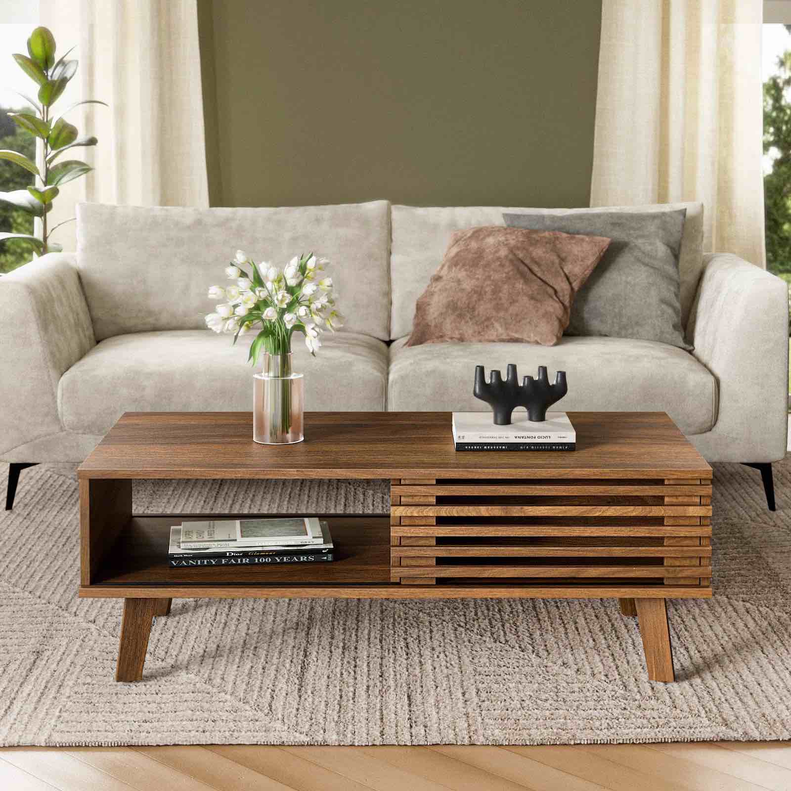 Enely Coffee Table with Storage, Mid Century Modern Coffee Table with slatted Door
