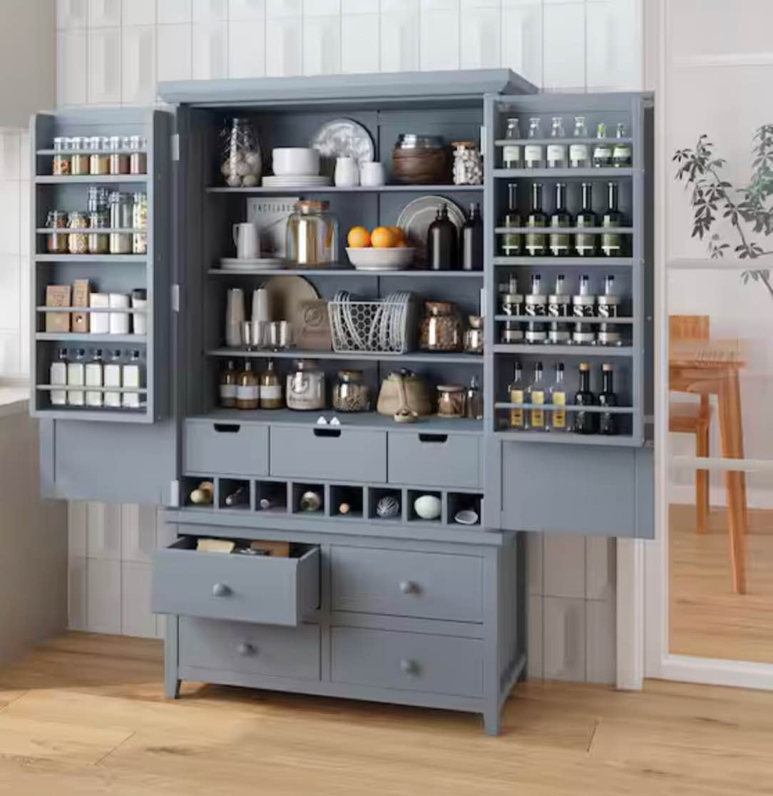 ( incomplete box 1 of 2 )) 71.1 in. H Freestanding Gray Kitchen Pantry Pantry Organizer with 8-Door Shelves,3-Adjustable Shelves