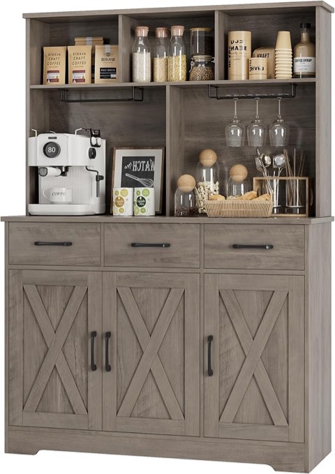 HOSTACK Buffet Cabinet with Hutch, Modern Farmhouse Kitchen Buffet Sideboard Storage with 3 Drawers, Barn Door Coffee Bar Station, Liquor Cabinet for Dining Room, Living Room, Ash Grey Visit the HOSTACK Store 4.4 4.4 out of 5 stars 133 ratings 50+ bought