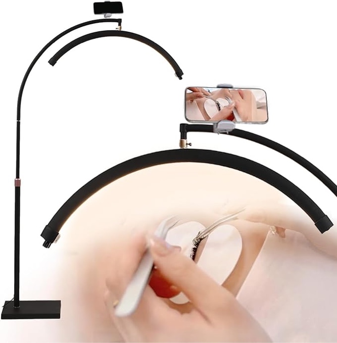 Lash Lamp for Eyelash Extensions - Adjustable Height & Brightness for Beauty, Tattoo, Artists, Nail Tech, Esthetician Light - Rotating Half Moon - with Phone Holder (36W, Black)