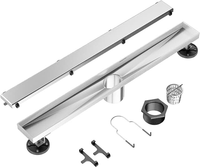 ZEKOO Linear Shower Drain 24 Inch, 2 in 1 Brushed Nickel Shower Drain, 304 Stainless Steel Linear Drain with Tile Insert Grate, Rectangle Shower Floor Drain 24IN