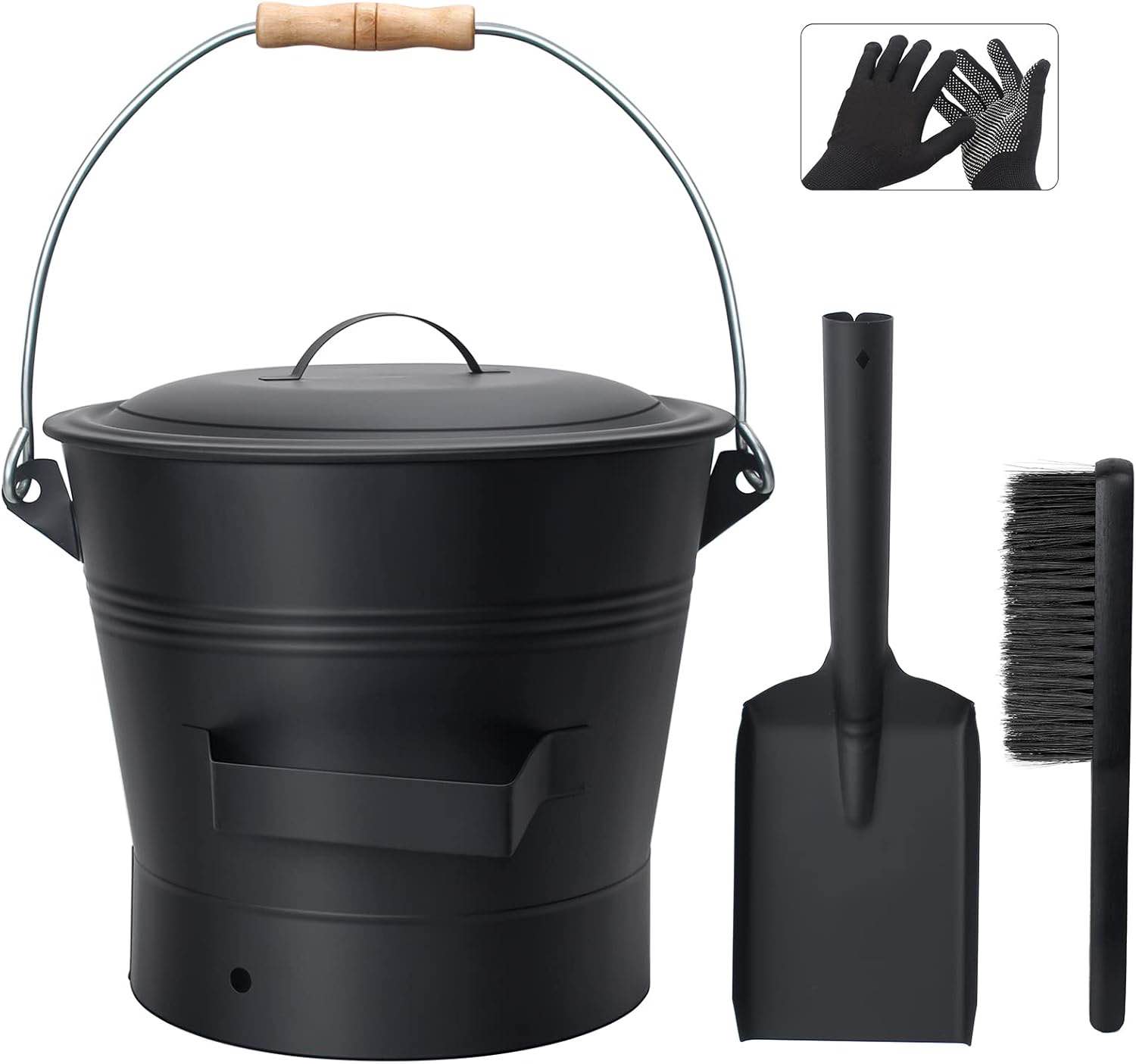 BRIAN & DANY Ash Bucket with Lid, 2.6 Gallon Fireplace Ash Bucket with Shovel and Hand Broom, Metal Bucket for Fireplace, Fire Pit, Wood Burning Stove