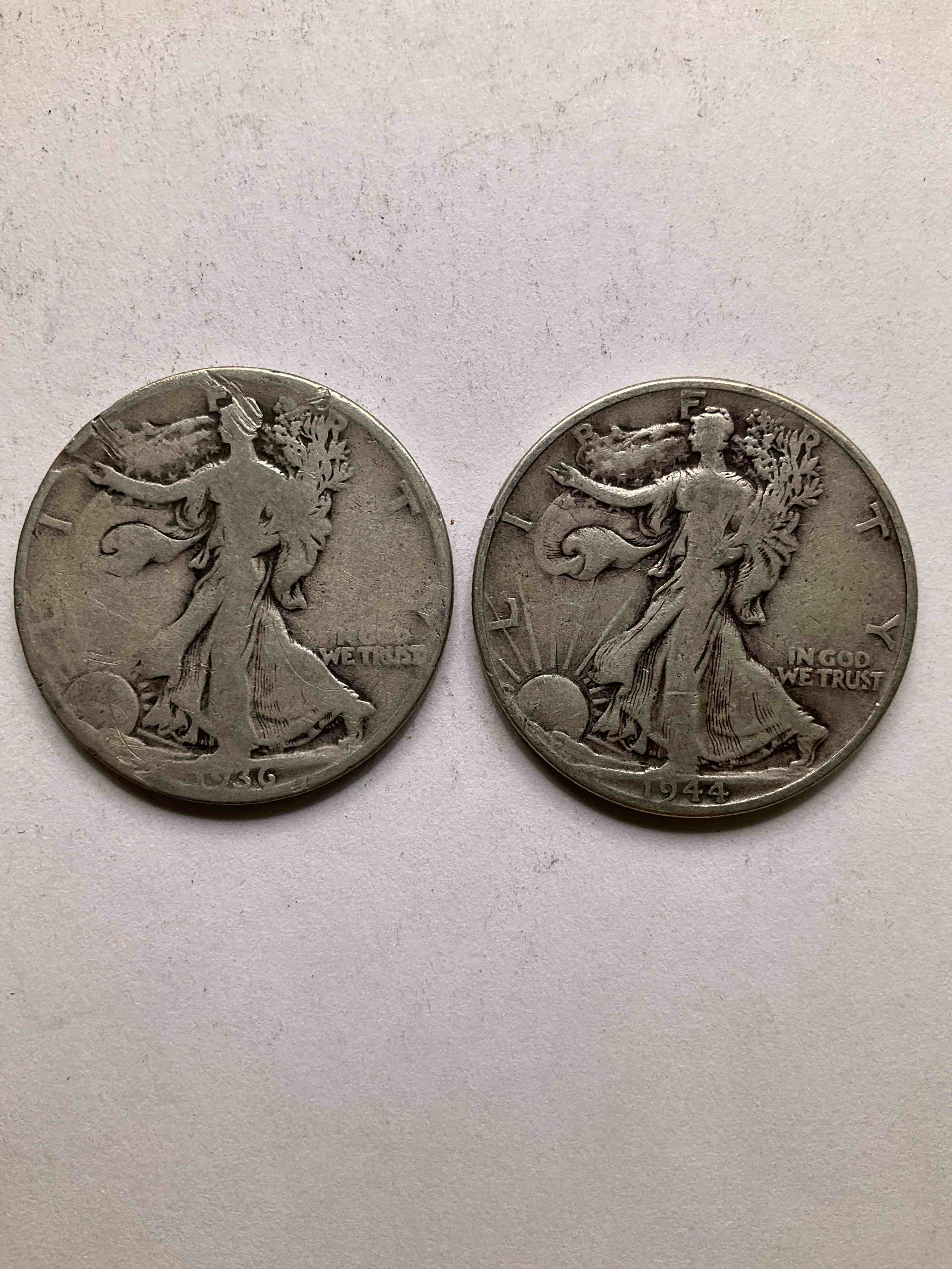World War II Era Silver! Antique U.S. Silver! Liberty Walking Silver Half Dollars! These Striking Half Dollars Were Minted From 1916-1947 & Have Become Some Of The Most Collectible Coins In History! Here Are Striking Circulated Examples From 1936 & 1944, Liberty Walking Coins Are 90% Fine U.S. Silver, A Great Investment In Precious Metal!