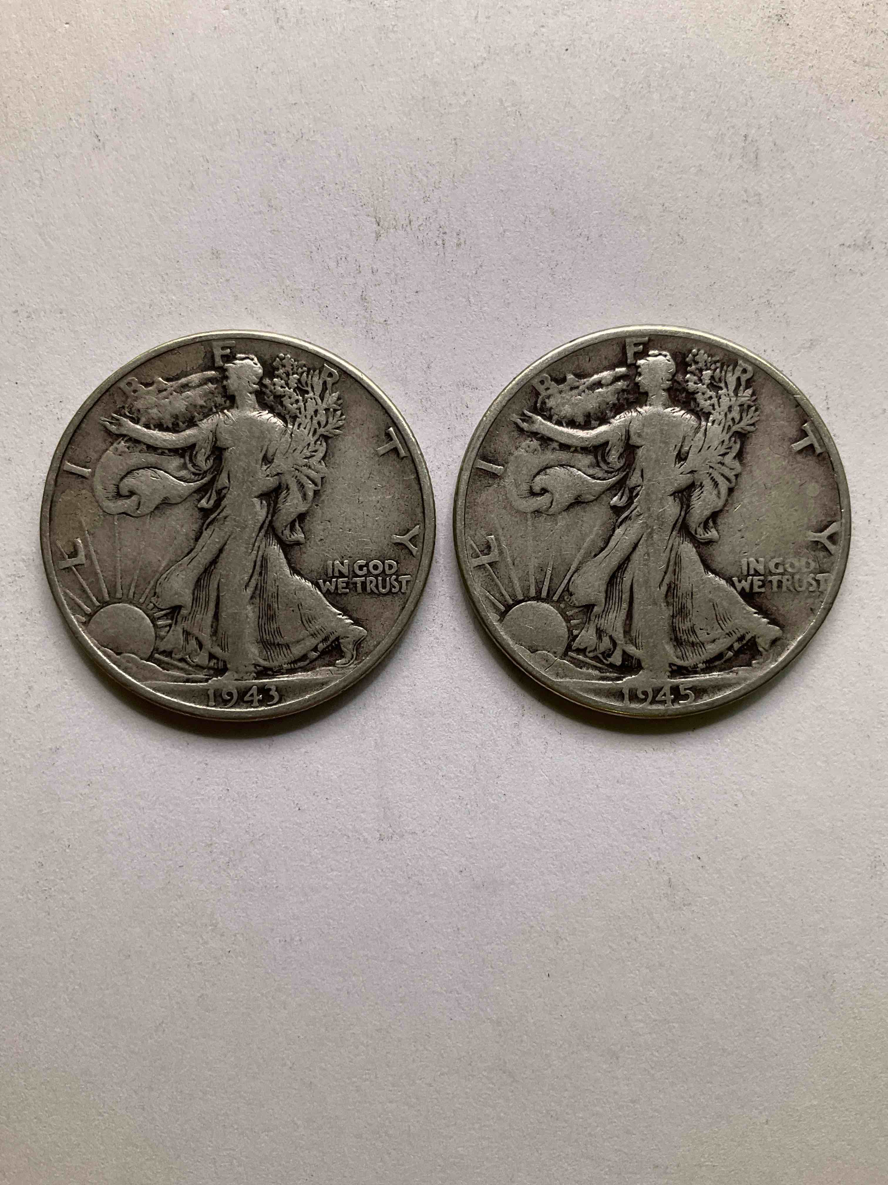World War II Era Silver! Antique U.S. Silver! Liberty Walking Silver Half Dollars! These Striking Half Dollars Were Minted From 1916-1947 & Have Become Some Of The Most Collectible Coins In History! Here Are Striking Circulated Examples From 1943 & 1945, Liberty Walking Coins Are 90% Fine U.S. Silver, A Great Investment In Precious Metal!