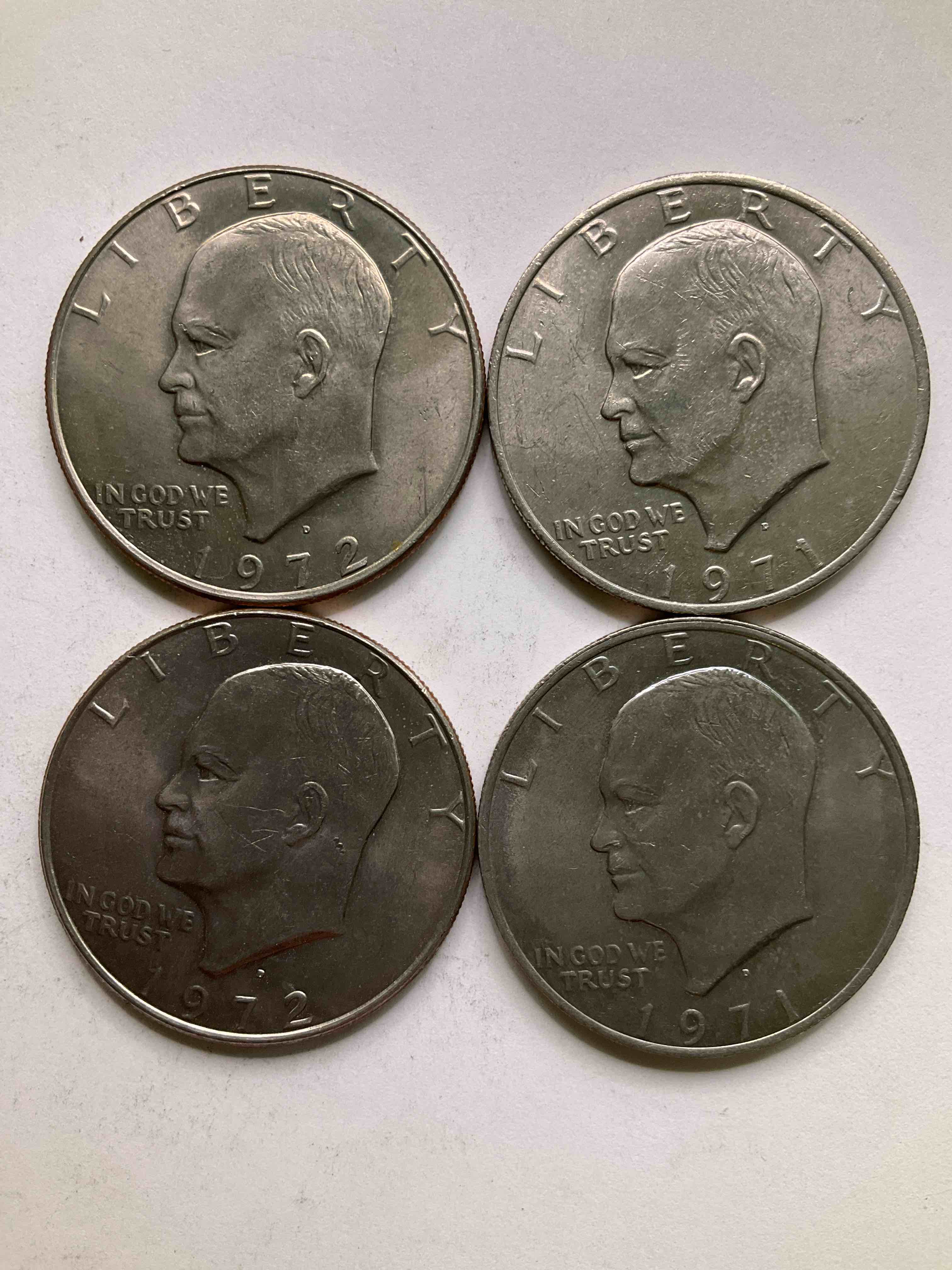 Eisenhower Dollars! Here’s Four, Circulated “Ike” Dollars! Up For Auction Are Ike One  Dollar Coins From Different Years! 1971 & 1972! Awesome Ike Dollars!