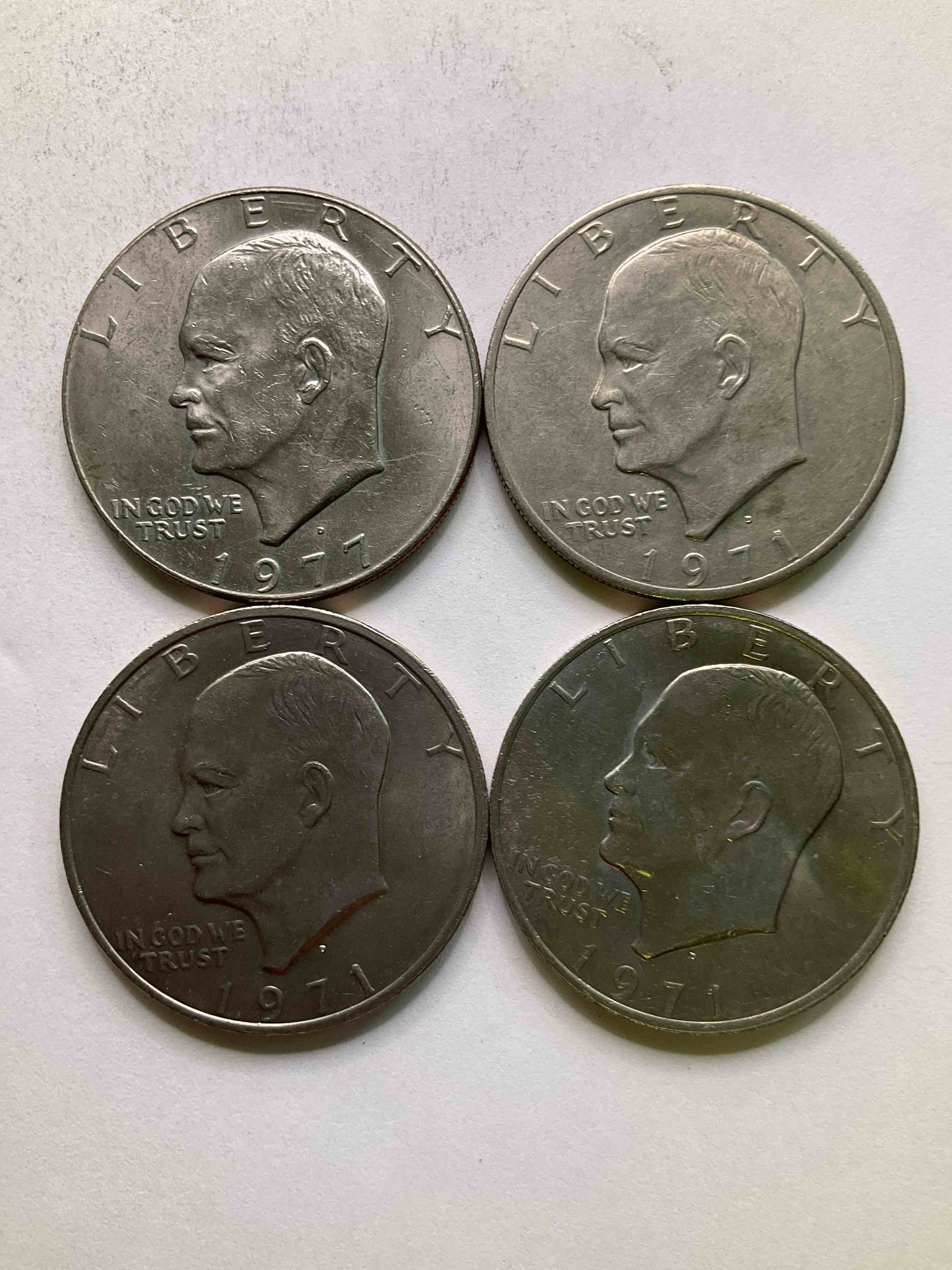 Eisenhower Dollars! Here’s Four, Circulated “Ike” Dollars! Up For Auction Are Ike One  Dollar Coins From Different Years! 1971 & 1977! Awesome Ike Dollars!