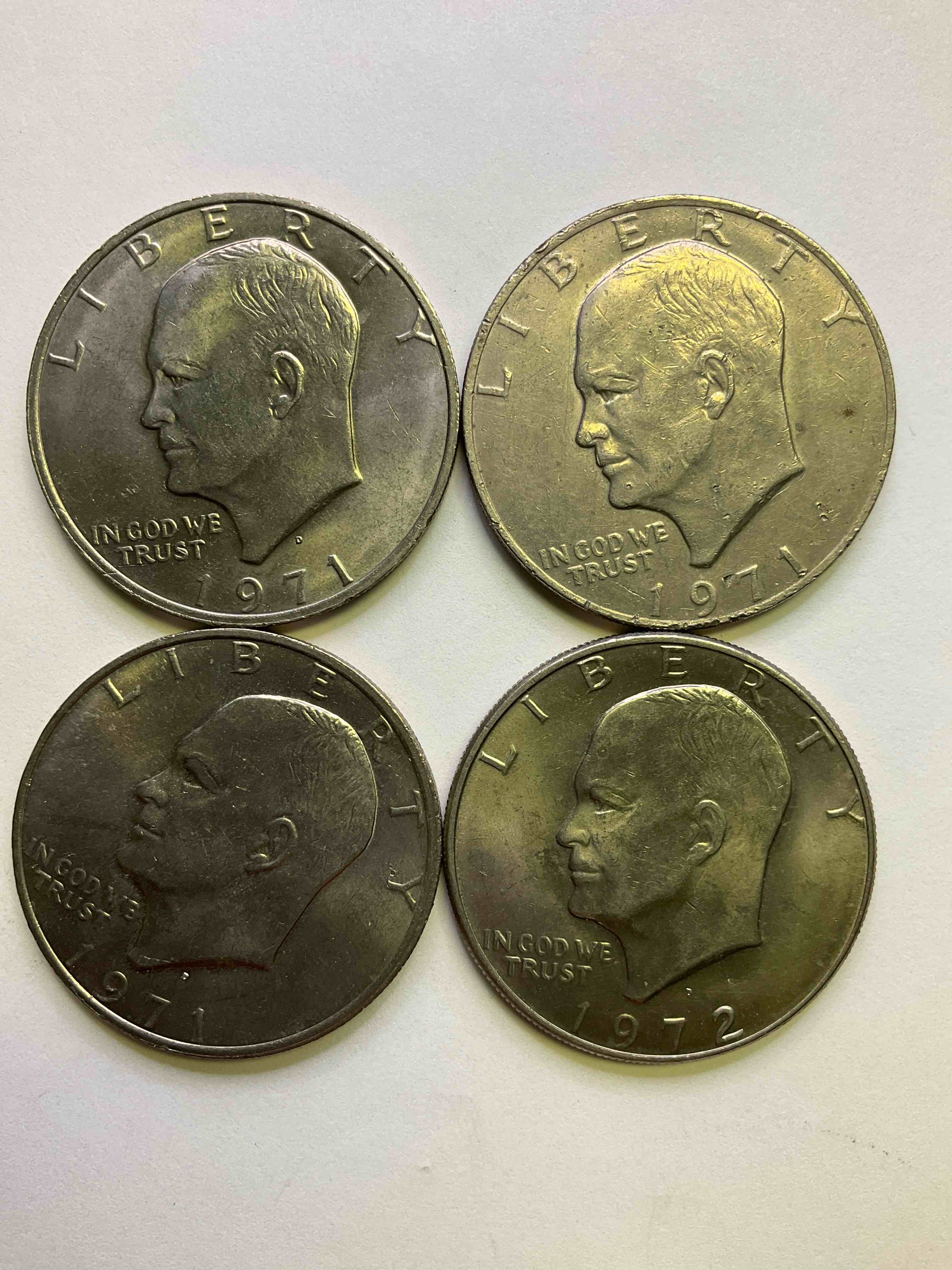 Eisenhower Dollars! Here’s Four, Circulated “Ike” Dollars! Up For Auction Are Ike One  Dollar Coins From Different Years! 1971 & 1972! Awesome Ike Dollars!