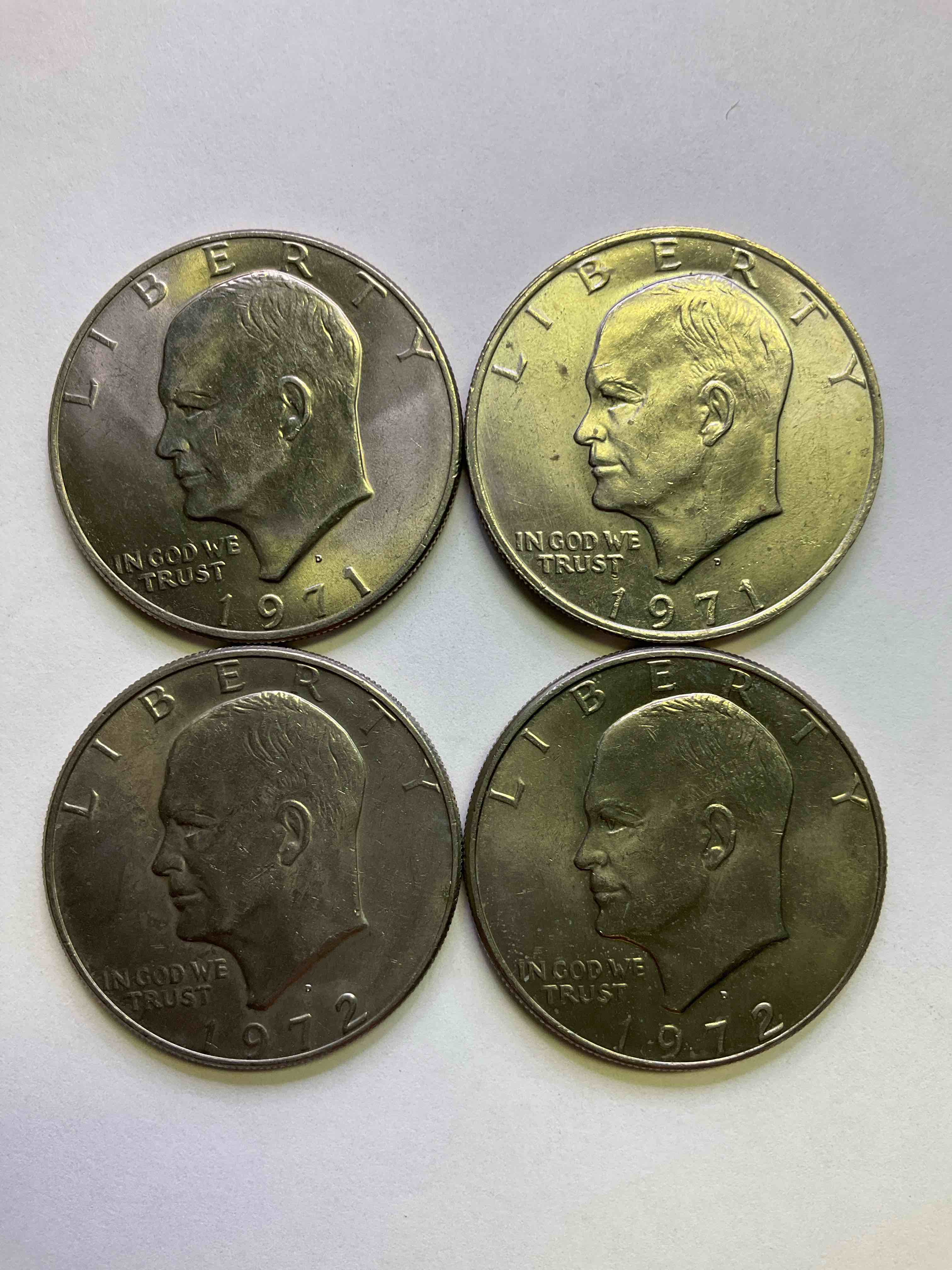 Eisenhower Dollars! Here’s Four, Circulated “Ike” Dollars! Up For Auction Are Ike One  Dollar Coins From Different Years! 1971 & 1972! Awesome Ike Dollars!