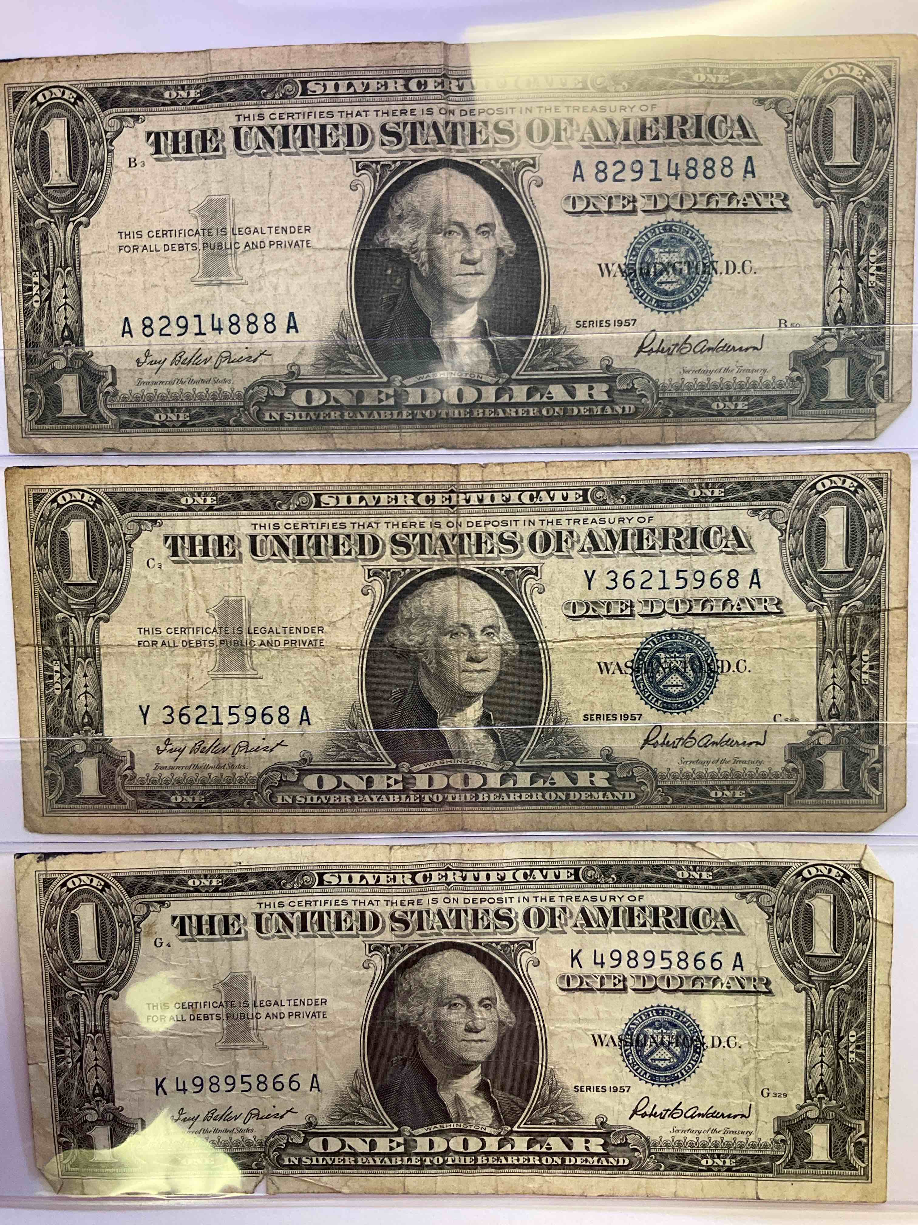 1957 Silver Certificates! Did You Know That Prior To 1964 One Dollar U.S. Paper Money Was Actually Redeemable For Silver Dollars?! Wow How Times Have Changed! Silver Certificates Were Produced From 1878 To 1964 & Are Still Considered Legal Tender At Face Value. Here Are Gorgeous, Circulated 1957 U.S. One Dollar Silver Certificate, With Highly Collectible "Blue Seal!* Own An Awesome Piece Of History!