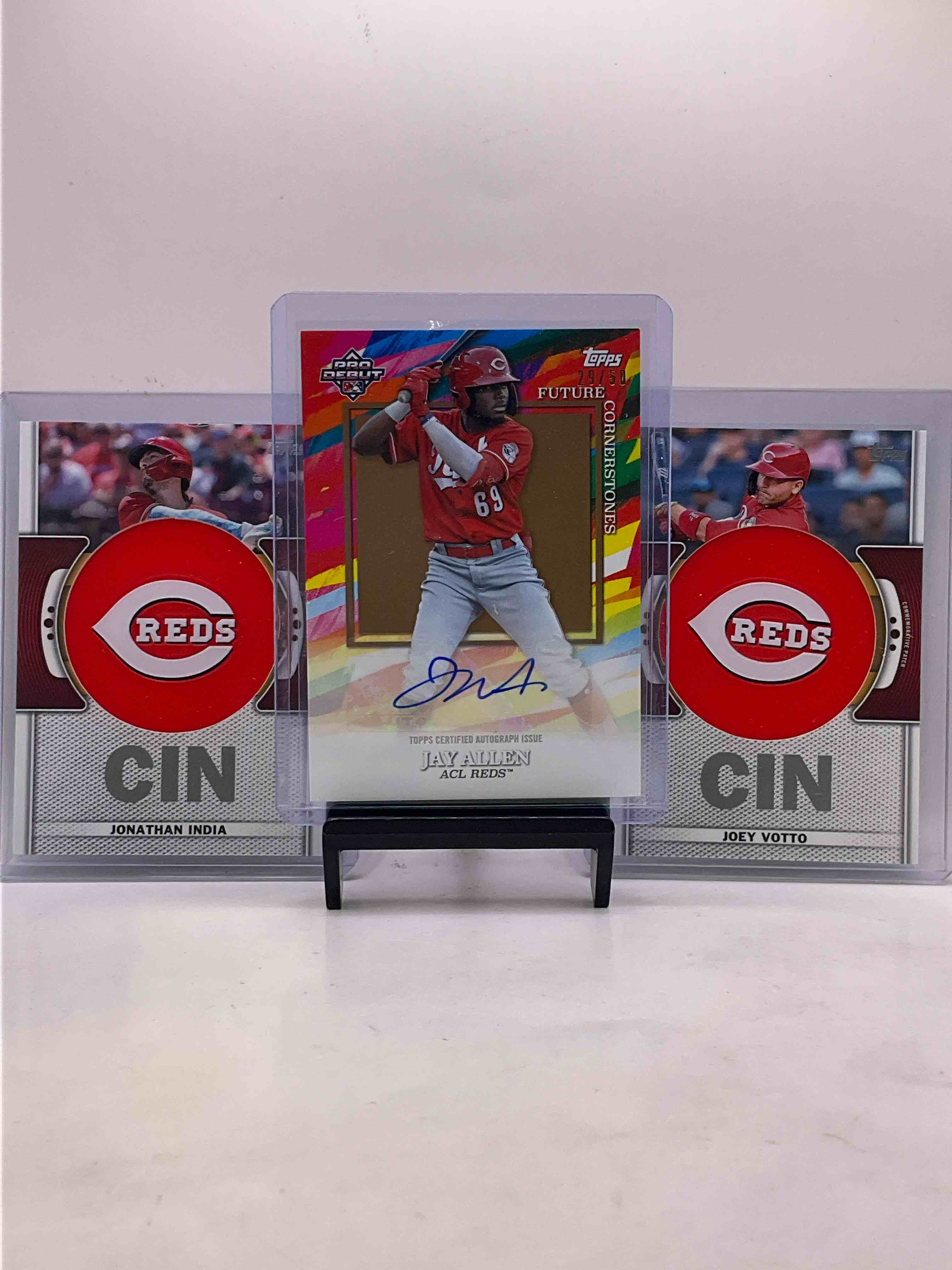 Reds Relics Combo! Signed /50 Jay Allen Rookie Card, Elly De La Cruz Crazy Rookie Chrome, Jonathan India & Joey Votto Combo Relic Cards! Vintage & New Reds Bundle! 50 Card Combo!