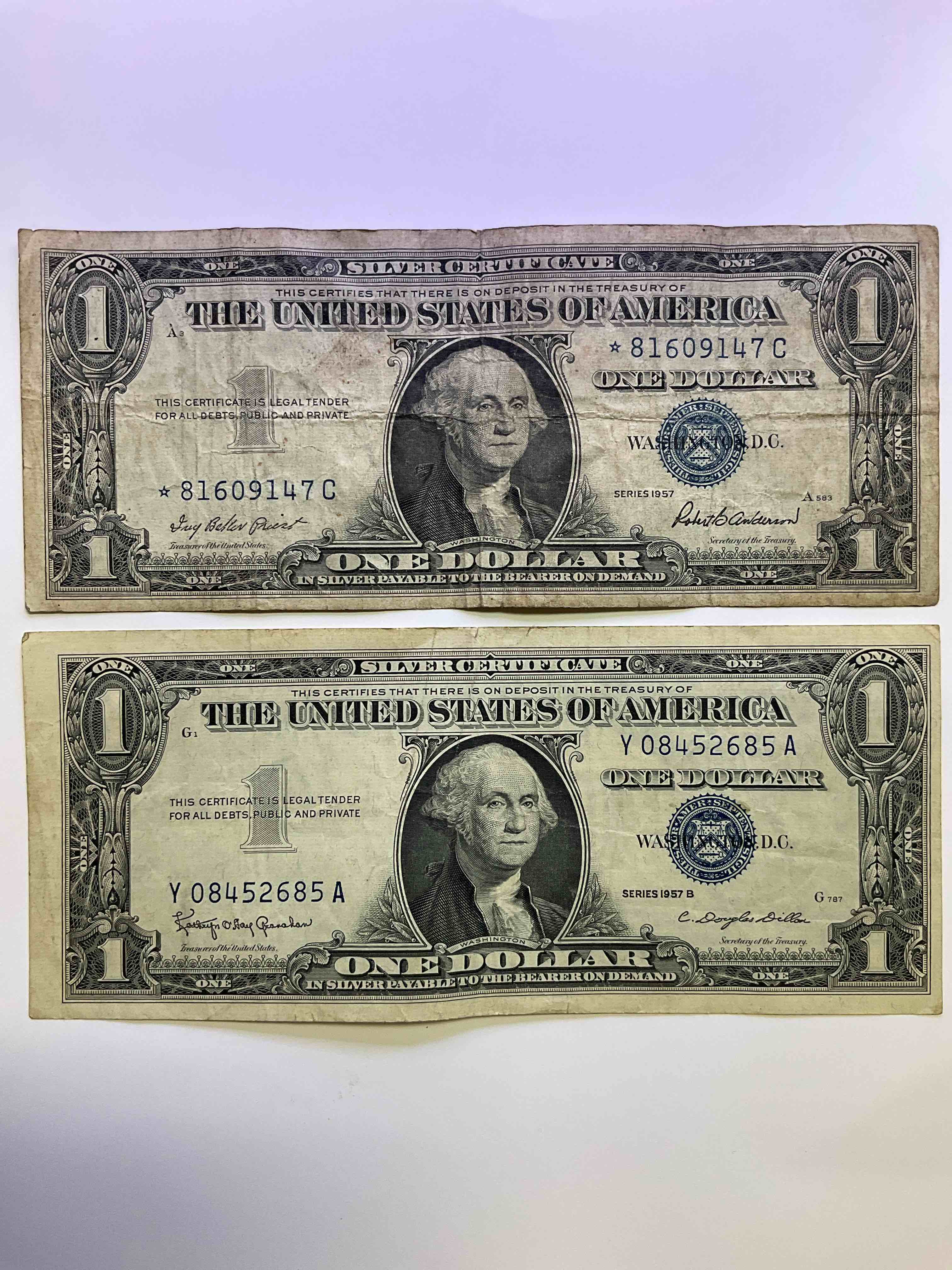 1957 Silver Certificates! Did You Know That Prior To 1964 One Dollar U.S. Paper Money Was Actually Redeemable For Silver Dollars?! Wow How Times Have Changed! Silver Certificates Were Produced From 1878 To 1964 & Are Still Considered Legal Tender At Face Value. Here Are Gorgeous, Circulated 1957 U.S. One Dollar Silver Certificate, With Highly Collectible "Blue Seal!* Own An Awesome Piece Of History!