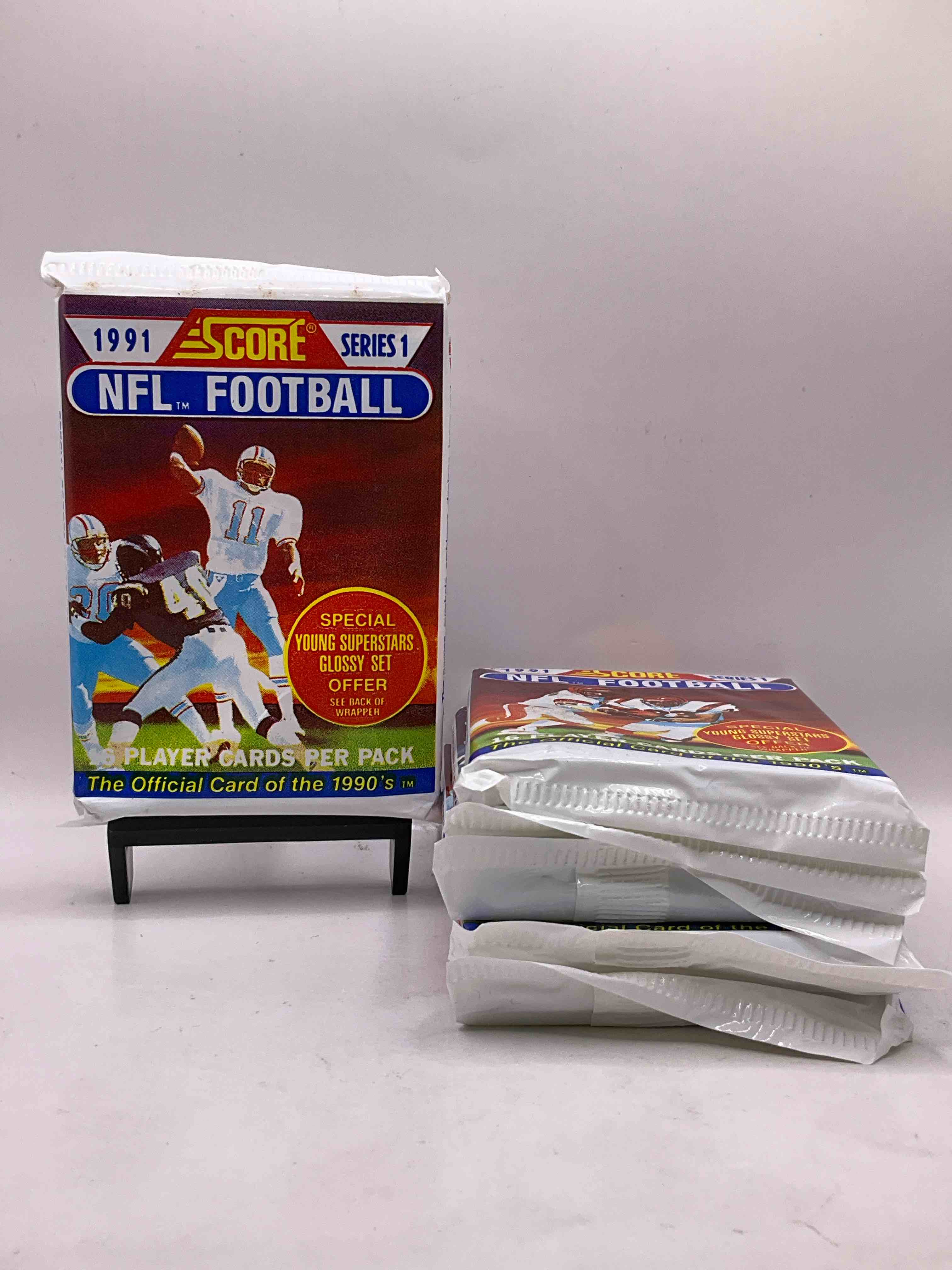 1991 nfl score football sealed card pack, direct from original retail case! these cards are sought after by collectors for their awesome, nostalgic look. search for brett favre rookie, early jerry rice, early emmit smith, joe montana & so much more!