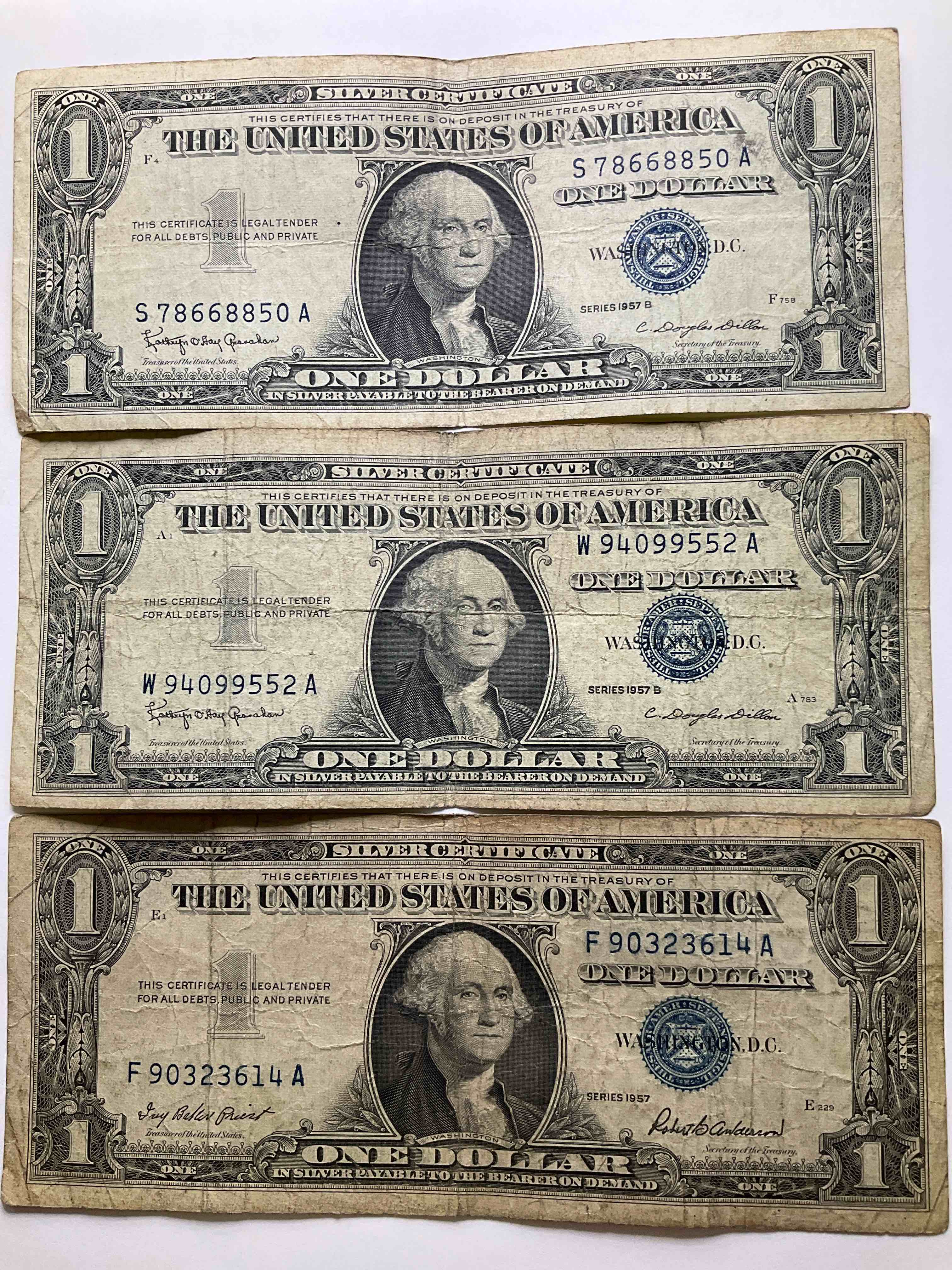 1957 Silver Certificates! Did You Know That Prior To 1964 One Dollar U.S. Paper Money Was Actually Redeemable For Silver Dollars?! Wow How Times Have Changed! Silver Certificates Were Produced From 1878 To 1964 & Are Still Considered Legal Tender At Face Value. Here Are Gorgeous, Circulated 1957 U.S. One Dollar Silver Certificate, With Highly Collectible "Blue Seal!* Own An Awesome Piece Of History!