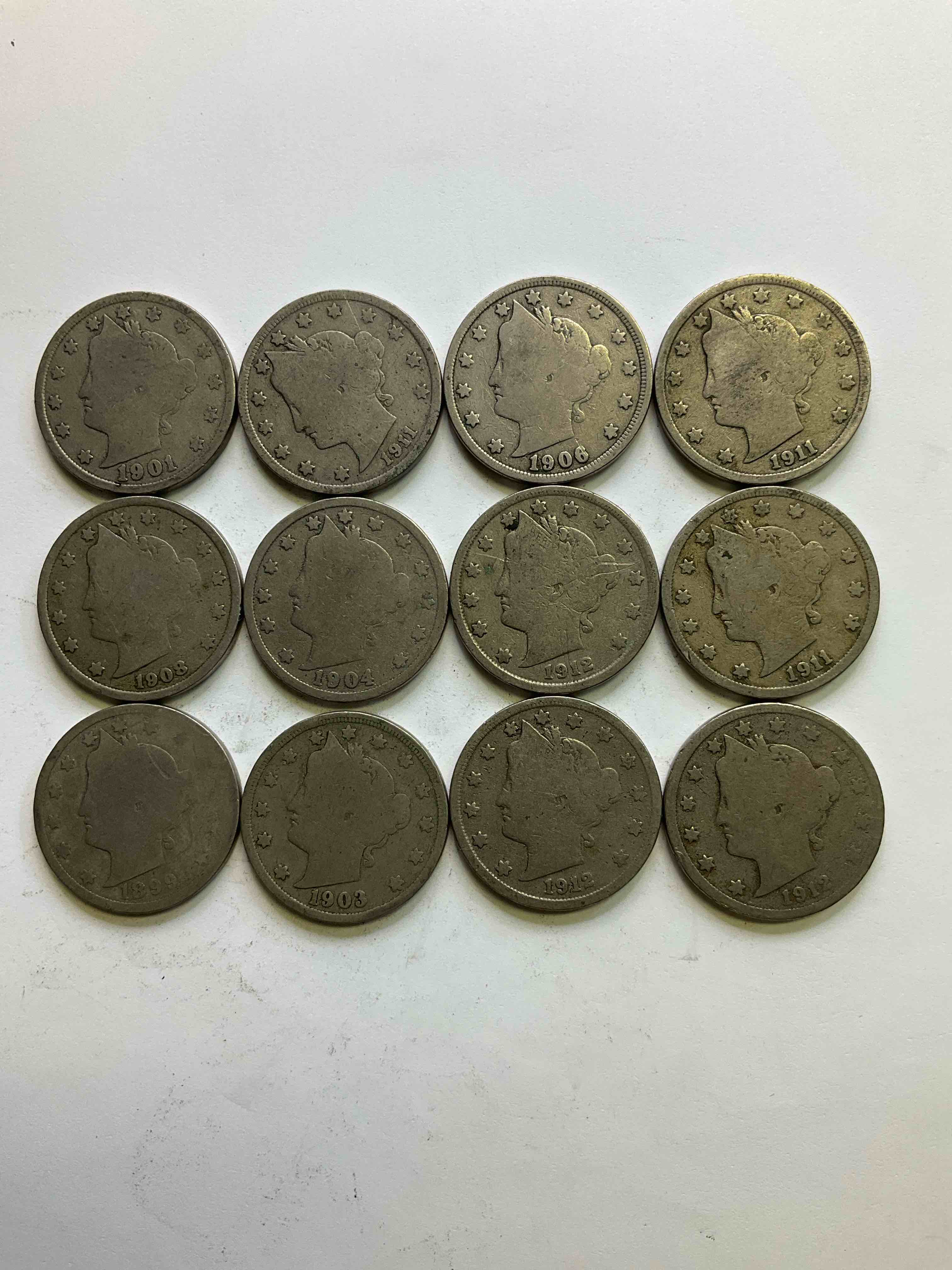 Antique U.S. "V" Nickels, Including 1912 Version, Year Of The Titanic! Think Of The History These Coins Have Seen!, Liberty Head V Nickels Were Minted Up Until 1913 & Were The Style Of Nickels Before Buffalo Nickels. Own Some Cool Pieces Of History! Rare To See These Coins With The "Date On" In Circulated Condition!