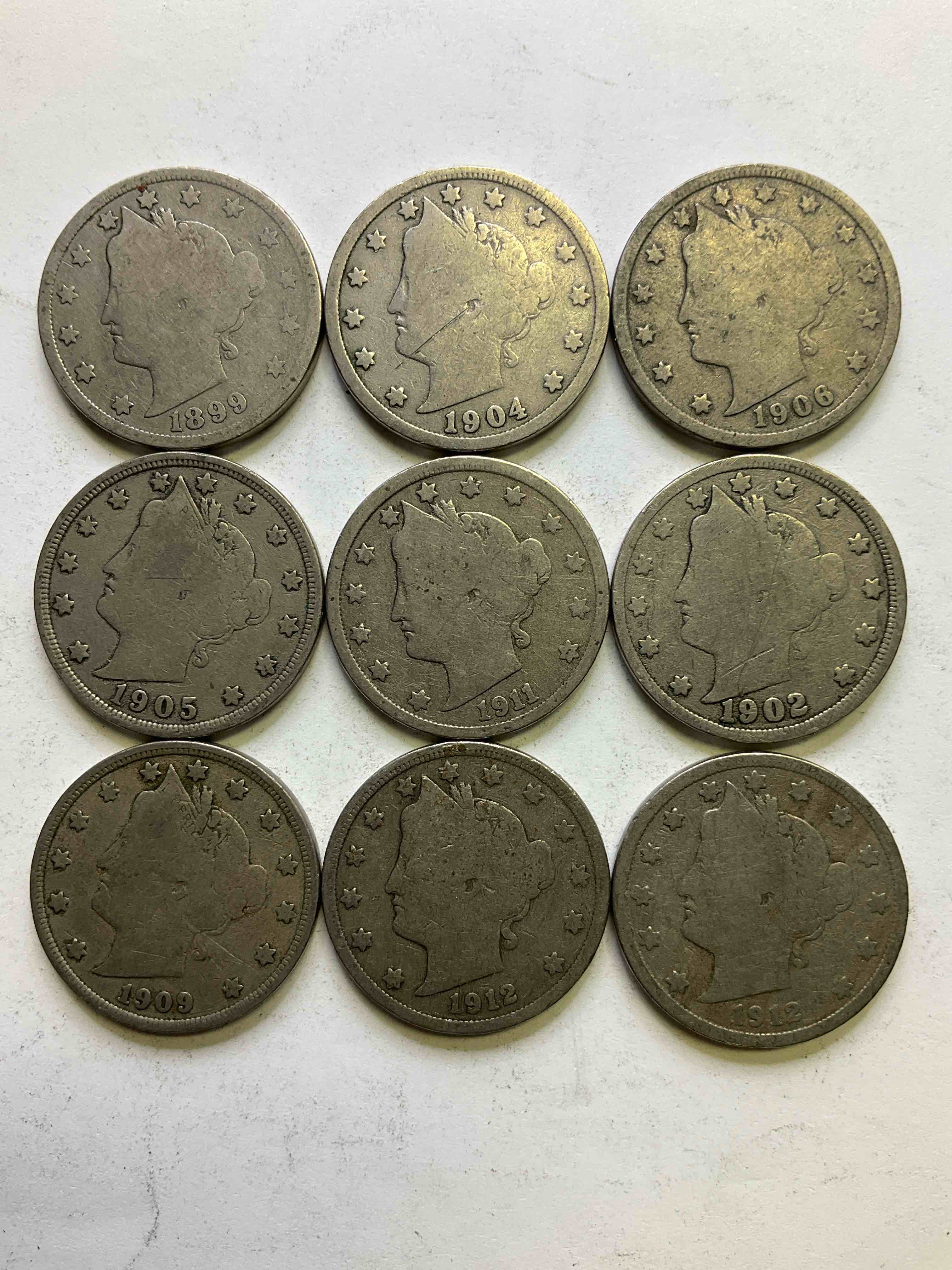 Antique U.S. "V" Nickels, Including 1912 Version, Year Of The Titanic! Think Of The History These Coins Have Seen!, Liberty Head V Nickels Were Minted Up Until 1913 & Were The Style Of Nickels Before Buffalo Nickels. Own Some Cool Pieces Of History! Rare To See These Coins With The "Date On" In Circulated Condition!